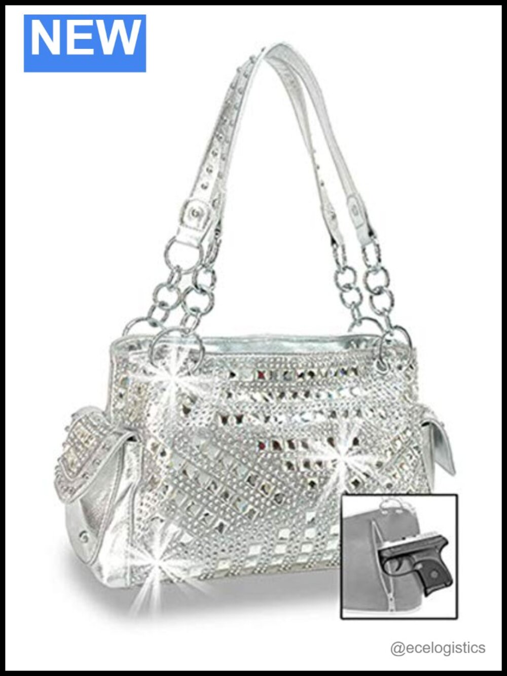 Rhinestone Studded Concealed Carry Purse with Shoulder Strap, 5 Pockets